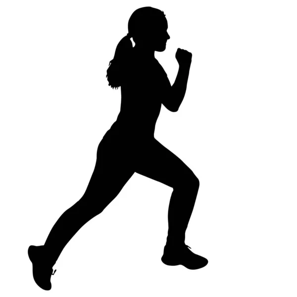 Preto silhuetas corredores sprint mulheres no branco fundo — Vetor de Stock