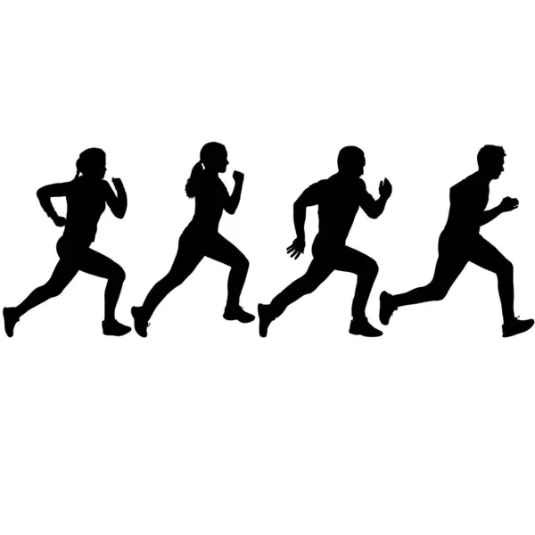 Set of silhouettes. Runners on sprint men and women — Stock Vector