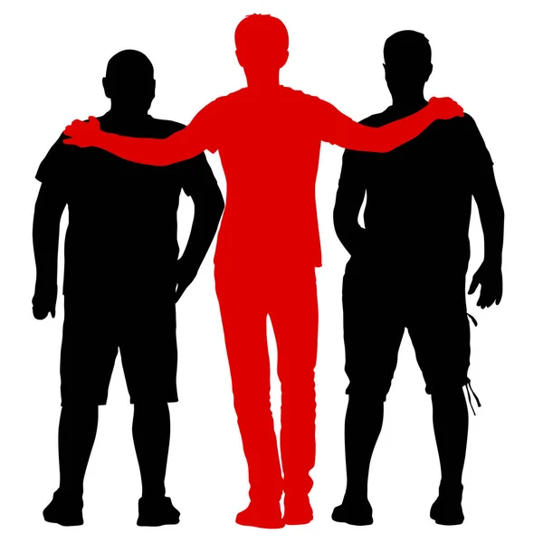 Black silhouette three men stand embracing on white background — Stock Vector