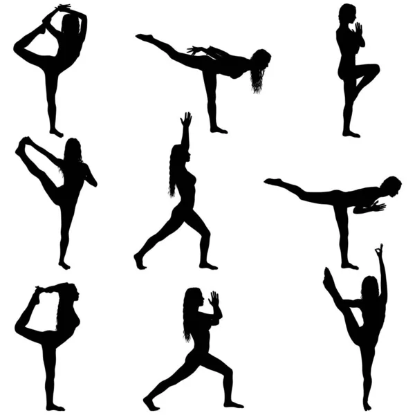 Set silueta chica en yoga clase en pose sobre un fondo blanco — Vector de stock