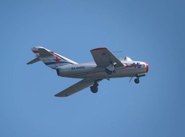 Moskova Rusya Zhukovsky Havaalanı 31 Ağustos 2019: Rus MiG-15 Bis 1120 (Fagot) Uluslararası Havacılık Salonu MAKS-2019.