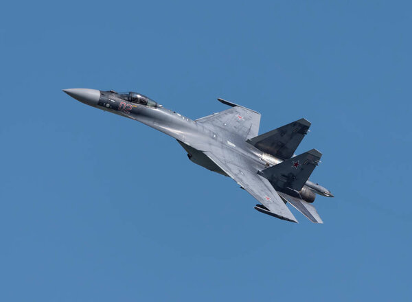 Moscow Russia Zhukovsky Airfield 31 August 2019: aerobatic Su-30 perfoming demonstration flight of the international aerospace salon MAKS-2019.