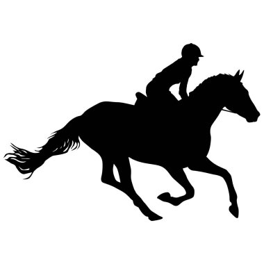 Beyaz arka planda at ve jokey silueti.