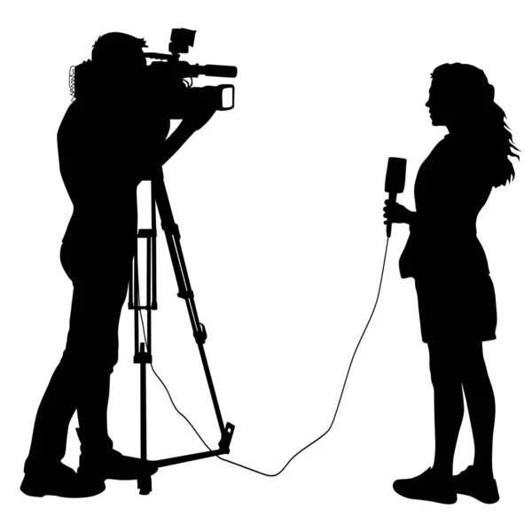 Silhouette Opérateur Enlève Journaliste Avec Microphone Sur Fond Blanc — Image vectorielle