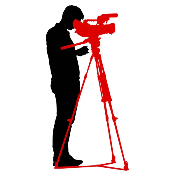 ビデオカメラ付きのカメラマン 白い背景のシルエット — ストックベクタ