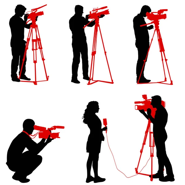 Set Cameraman Video Camera Silhouettes White Background — Stock Vector