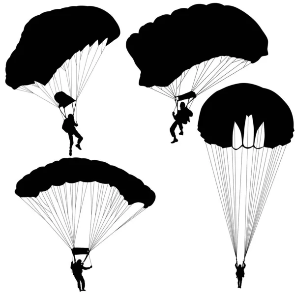 Set Fallschirmspringer Silhouetten Fallschirmspringen Auf Weißem Hintergrund — Stockvektor