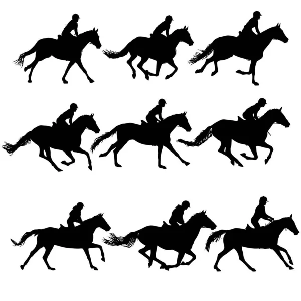 Definir Silhueta Cavalo Jóquei Sobre Fundo Branco — Vetor de Stock