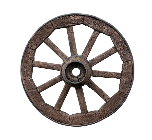 白色底座隔离的老式木制旅行车轮 — 图库照片