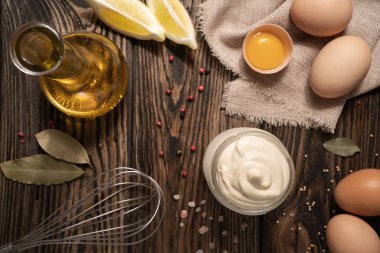 Mayonez hazırlanıyor. Mayo ile bileşenlerin görünümünü yüksek anle