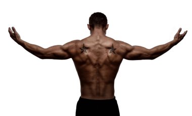 Arkadan görünüm, sağlıklı genç spor adamı kolları, gergin silueti beyaz arka plan üzerinde izole 