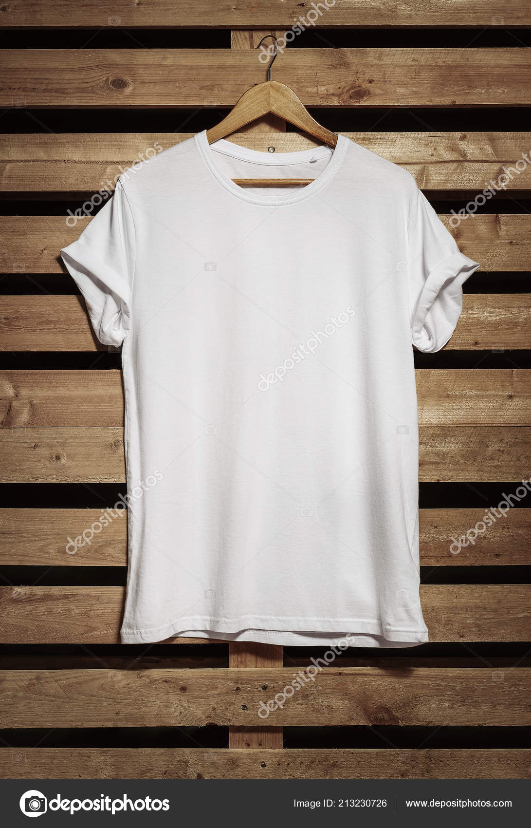 Blank White Shirt Hanging Wooden Background Copy Space Stock Photo by ...