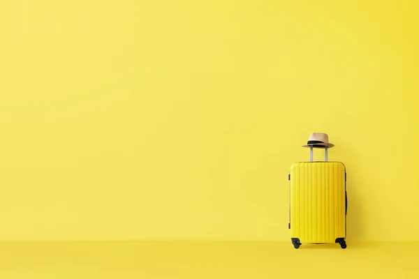 Ready Travel Concept Single Suitcase Empty Yellow Room Copy Space — Stock Photo, Image