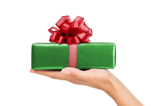 Close Female Hand Holding Gift Box Isolated Whie Background — Stock Photo, Image