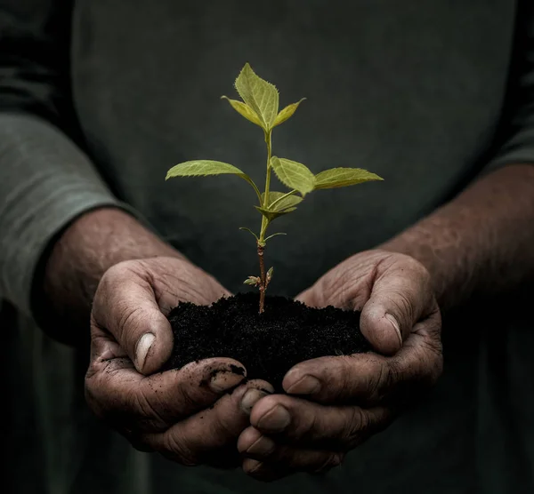 Close Senior Male Hands Carrying Small Plant Copy Space — Stock Photo, Image