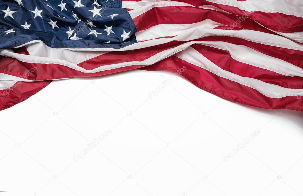 American flag isolated on white background with copy space