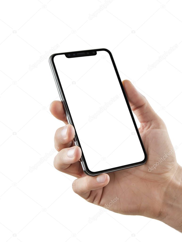 Male hand holding blank modern smart phone