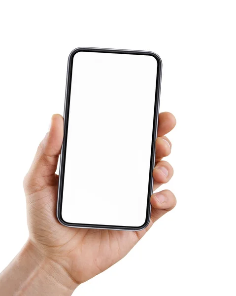 Hand met lege slimme telefoon geïsoleerd op witte achtergrond — Stockfoto