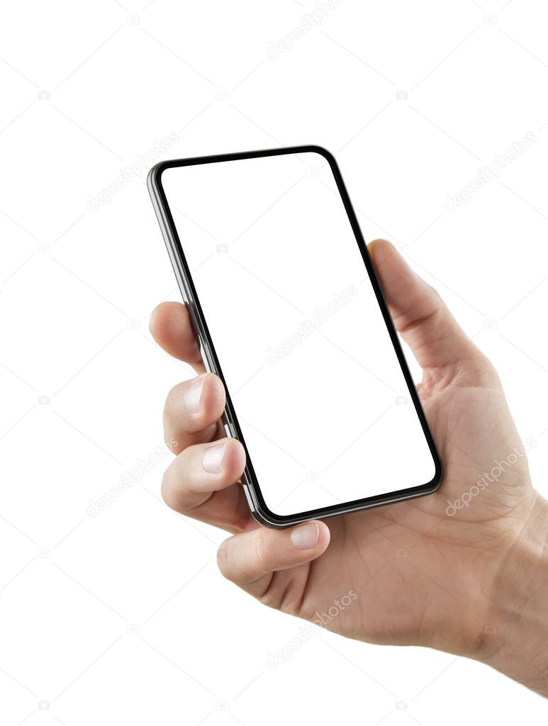 Hand with blank smart phone isolated on white background