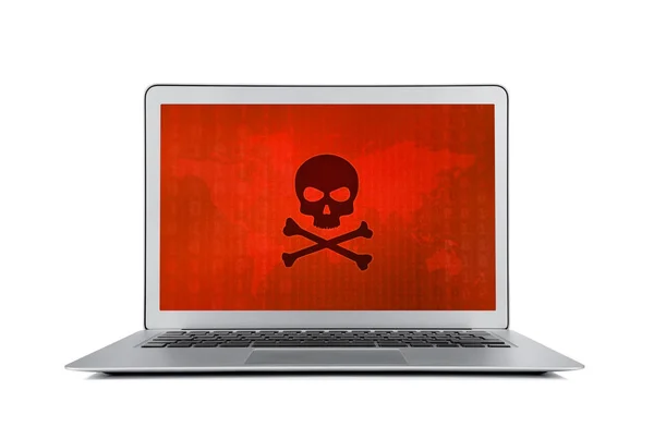 Virus schedel symbool op de moderne laptop monitor — Stockfoto