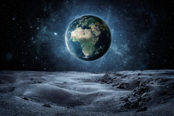 Planet Jorden Sett Fron Månens Yta Med Kopia Utrymme — Stockfoto