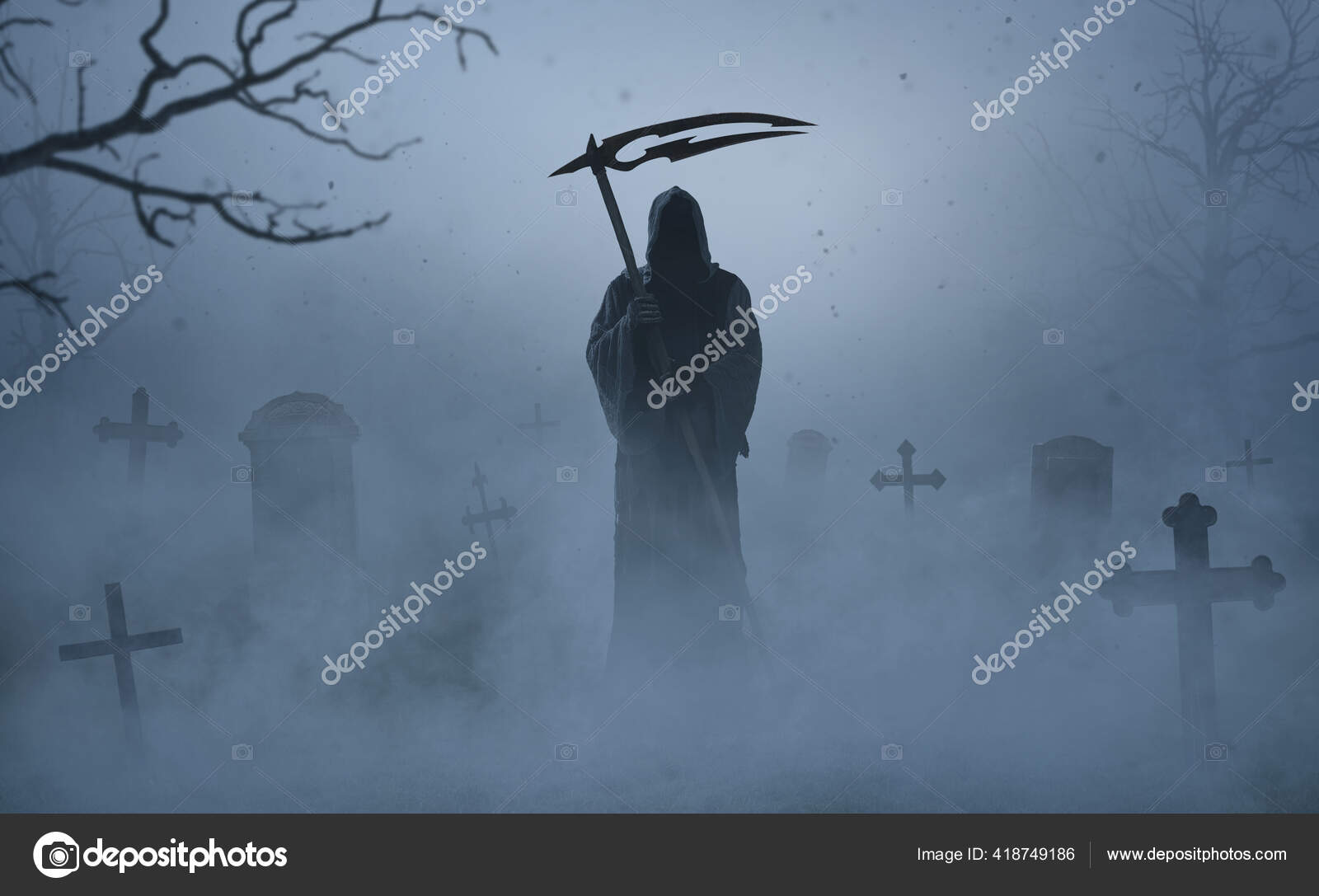 Silhouette Grim Reaper Grave Yard — Stock Photo © Rangizzz #418749186, image size:1600x1087
