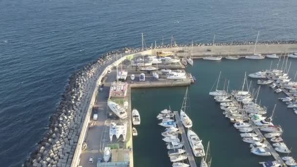 テネリフェ島カナリア スペイン ドローン平面図 Uhd ビデオの港の航空写真 — ストック動画