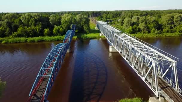 Gauja Fluss Eisenbahnbrücke Lettland Antenne Drohne Draufsicht Uhd Video — Stockvideo