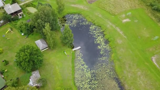 Gauja River Meadow Field Houses Village Latvia Aerial Drone Top — Stock Video