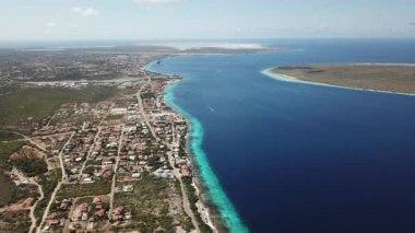 Villa plaj sahil Bonaire Adası Karayip Denizi havadan dron üstten görünüm 4k Uhd video 