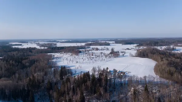 冬季田野 Krimulda 拉脱维亚空中无人机俯视图 — 图库照片