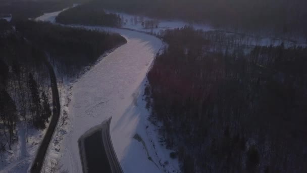 Inverno Sigulda Ghiaccio Ghiacciato Fiume Gauja Lettonia Drone Aereo Vista — Video Stock
