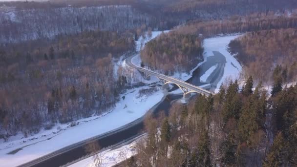 桥梁冬天 Sigulda 冰结冰的河高亚河拉脱维亚空中无人机顶部查看 Uhd — 图库视频影像