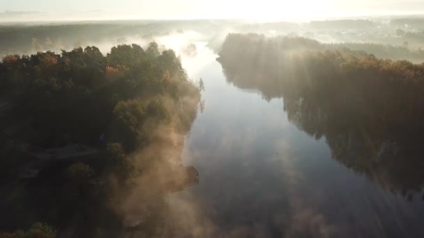 早晨烟雾在水 Ulbroka 湖空中无人机顶部查看 Uhd 视频拉脱维亚 — 图库视频影像