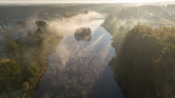 Morgon Rök Vattnet Ulbroka Lake Antenn Drönare Ovanifrån Lettland — Stockfoto