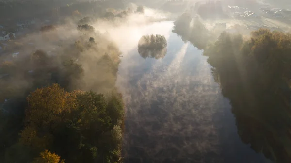 Ochtend Rook Het Water Ulbroka Lake Drone Top Luchtfoto Letland — Stockfoto