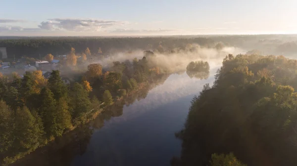 Morgon Rök Vattnet Ulbroka Lake Antenn Drönare Ovanifrån Lettland — Stockfoto