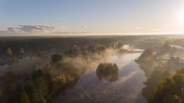 Morgenrauch Auf Dem Wasser Ulbroka See Antenne Drohne Draufsicht Lettland — Stockfoto