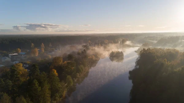 Morgenrauch Auf Dem Wasser Ulbroka See Antenne Drohne Draufsicht Lettland — Stockfoto