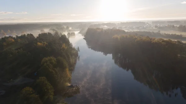 Morgenrauch Auf Dem Wasser Ulbroka See Antenne Drohne Draufsicht Lettland — Stockfoto