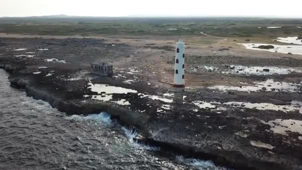 Lighthouse Sea Beach Coast Bonaire Island Caribbean Sea Aerial Drone — Stock Video