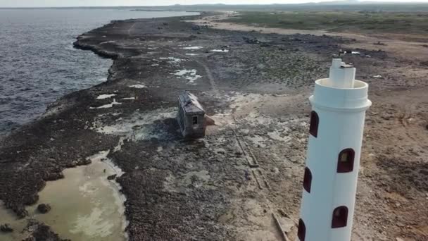 Lighthouse Sea Beach Coast Bonaire Island Caribbean Sea Aerial Drone — Stock Video