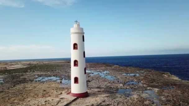 Faro Mare Spiaggia Costa Bonaire Isola Caraibi Mare Aereo Drone — Video Stock