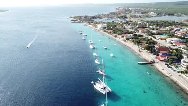 Caribeño Barco Barco Puerto Bonaire Isla Aérea Drone Vista Superior — Vídeos de Stock