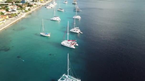 Caribbean Boat Yacht Harbor Bonaire Island Aerial Drone Top View — стоковое видео