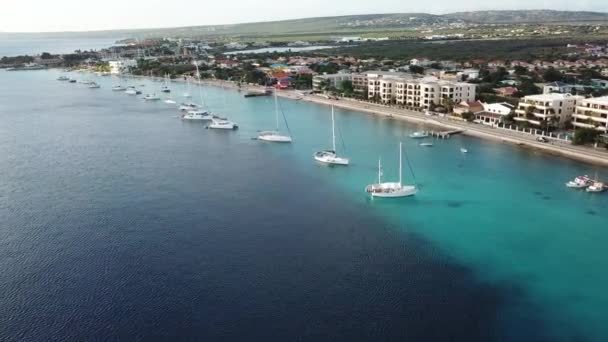 Caribbean Boat Yacht Harbor Bonaire Island Aerial Drone Top View — стоковое видео
