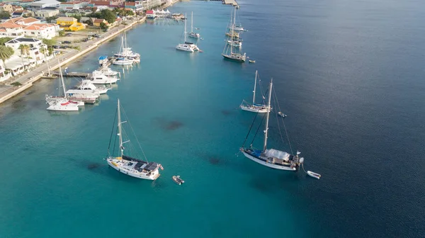 Caribbean Boat Yacht Harbor Bonaire Island Aerial Drone Top View — Stock Photo, Image