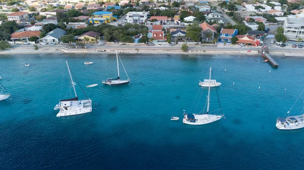 Caribbean Boat Yacht Harbor Bonaire Island Aerial Drone Top View — Stock Photo, Image