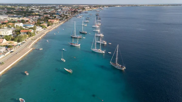 Caribbean Boat Yacht Harbor Bonaire Island Aerial Drone Top View — Stock Photo, Image