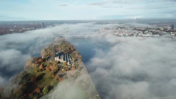 Riga Latvia Daugava River Zakusala Island Smoke Cloud Island Aerial — Stock Video